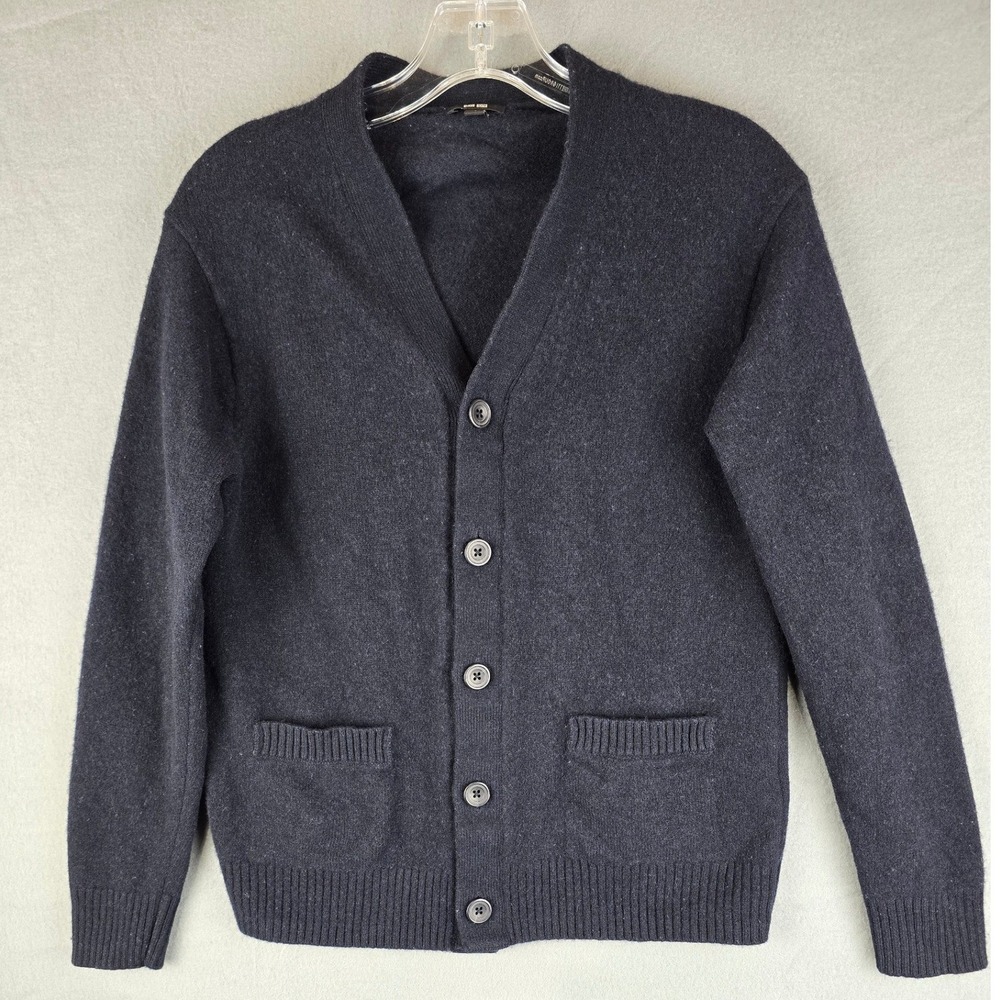 Uniqlo Cardigan Mens S Navy Blue Premium 100% Wool V-Neck Sweater Minimalist